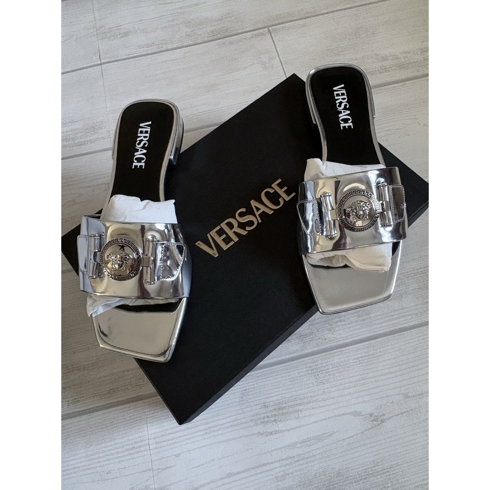 Versace Women's Patent Leather Logo Sandals Flip Flop Mules Shoes US 7 IT 37